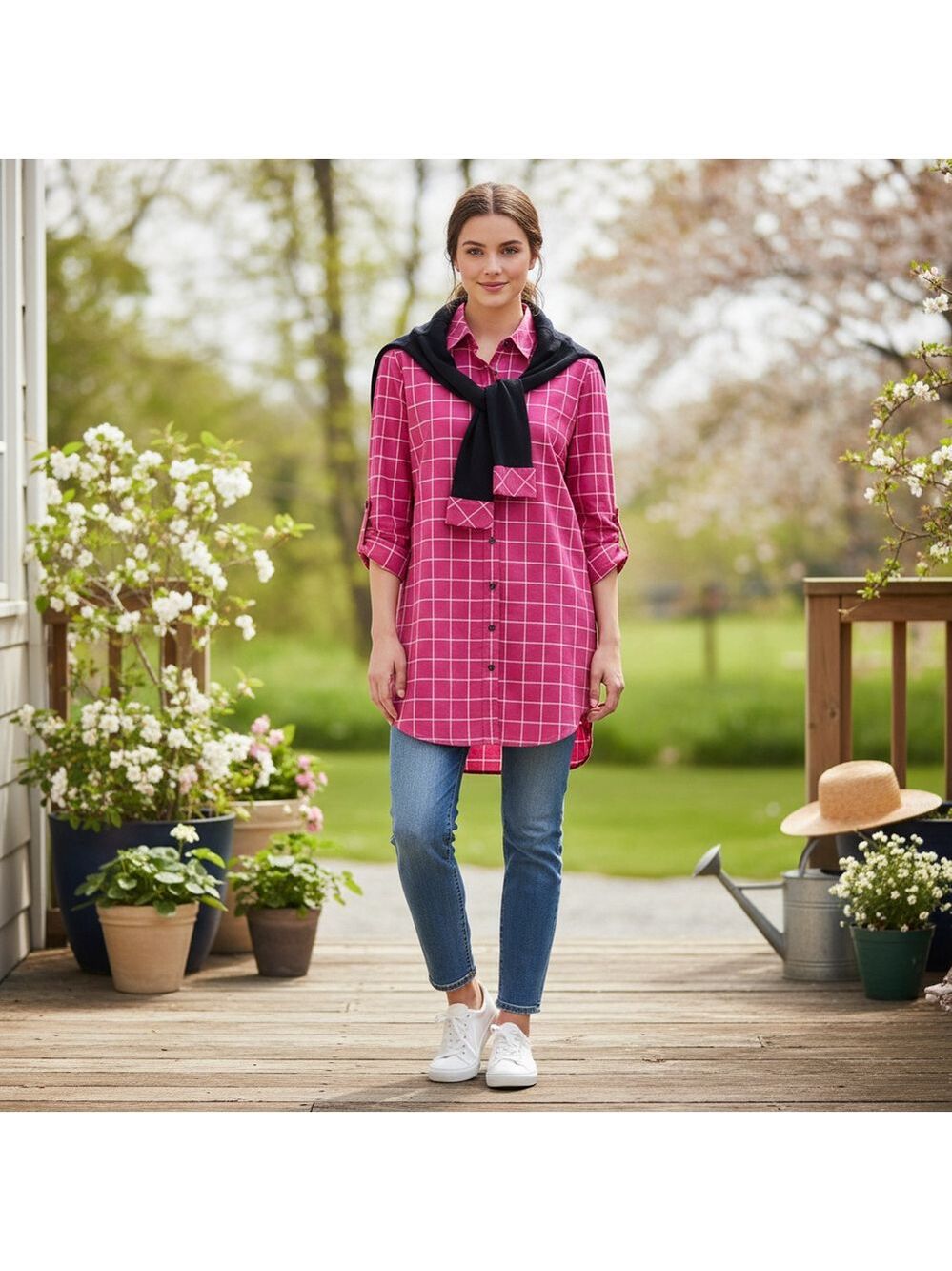 PUANLI Women's pink window pain plaid button down shirt tunic cat graphic XL